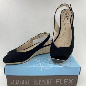 Life Stride Socialite Black Fabric Wedge Espadrille Sandals 8.5W with Box